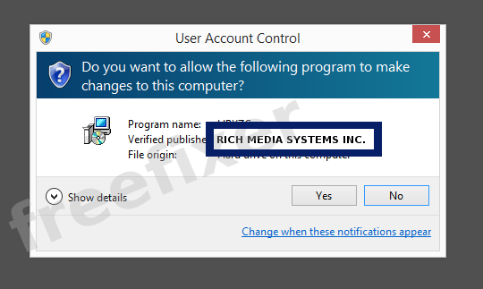 Screenshot where RICH MEDIA SYSTEMS INC. appears as the verified publisher in the UAC dialog